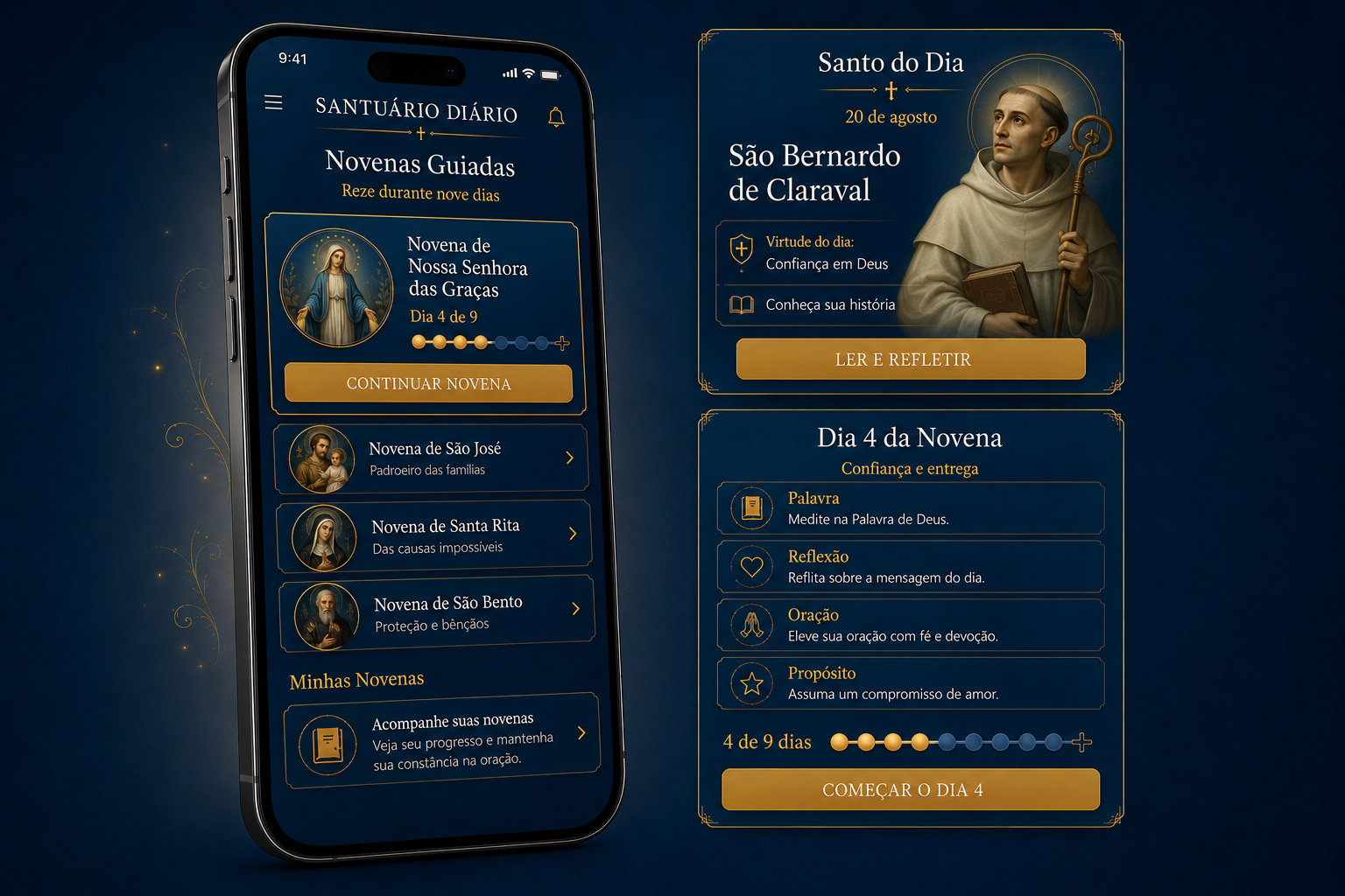 Telas de novenas guiadas e do Santo do Dia dentro do aplicativo